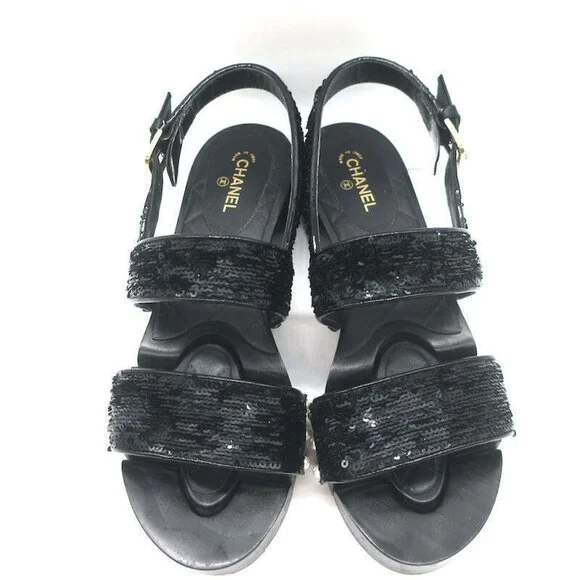 Chanel 16C Sequin Slingback Sandals Black Size 38.5 - Picture 4 of 12